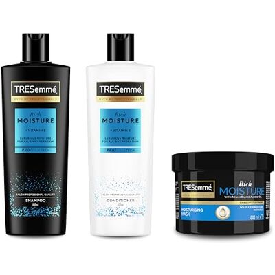 TRESemmé Rich Moisture Szampon, Odżywka i Maska, do suchych i zniszczonych włosów 400 ml + 400 ml + 440 ml TRESemmé Rich Moisture Szampon, Odżywka i Maska, do suchych i zniszczonych włosów 400 ml + 400 ml + 440 ml