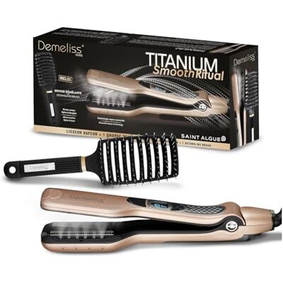 Demeliss Saint Alg Titanium SMOOTH RITUAL zestaw do prostowania pary zawiera wentylowaną szczotkę do rozczesywania wysokowydajne wygładzanie, intensywne nawilżenie Do wszystkich rodzajów włosów Demeliss Saint Alg Titanium SMOOTH RITUAL zestaw do prostowania pary zawiera wentylowaną szczotkę do rozczesywania wysokowydajne wygładzanie, intensywne nawilżenie Do wszystkich rodzajów włosów