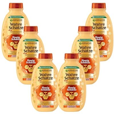 Garnier Szampon przeciwko łamliwym włosom, regenerujący szampon do włosów z miodem akacjowym i woskiem pszczelim, dla większego połysku i gładkości, miód Wahre Trease, 6 x 250 ml Garnier Szampon przeciwko łamliwym włosom, regenerujący szampon do włosów z miodem akacjowym i woskiem pszczelim, dla większego połysku i gładkości, miód Wahre Trease, 6 x 250 ml