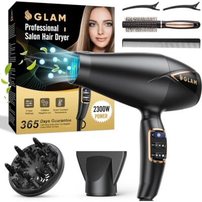 GLAM Profesjonalna suszarka do włosów, 2300 W, wydajny silnik AC, szybkoschnąca, jonowa suszarka do włosów z 2 prędkościami, 3 ogrzewanie, przycisk Cool Shot z 1 dyfuzorem i 1 koncentratorem do wielu GLAM Profesjonalna suszarka do włosów, 2300 W, wydajny silnik AC, szybkoschnąca, jonowa suszarka do włosów z 2 prędkościami, 3 ogrzewanie, przycisk Cool Shot z 1 dyfuzorem i 1 koncentratorem do wielu