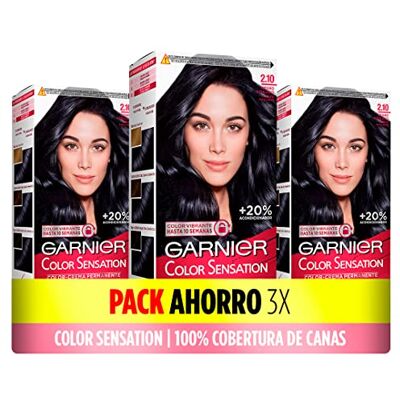 Garnier Color Sensation trwałe i intensywne kolorowanie wielokrotnego użytku z miską i pędzlem, 2.10 Czarny Niebieski, Pakiet 3 Garnier Color Sensation trwałe i intensywne kolorowanie wielokrotnego użytku z miską i pędzlem, 2.10 Czarny Niebieski, Pakiet 3