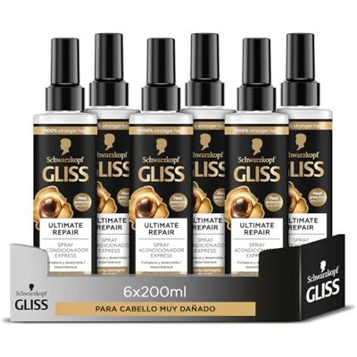 Gliss 2-fazowa odżywka bez ekspresowego spłukiwania do silnie zniszczonych włosów z płynną keratyną, Ultimate Repair, 6 sztuk 200ml (1.200ml), ultra zakres naprawy Gliss 2-fazowa odżywka bez ekspresowego spłukiwania do silnie zniszczonych włosów z płynną keratyną, Ultimate Repair, 6 sztuk 200ml (1.200ml), ultra zakres naprawy