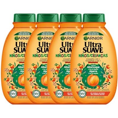 Garnier Ultra miękki, 2 w 1 szampon morelowy i bawełniany kwiat dla dzieci, łatwy do rozplątywania, bez swędzenia oczu, bez ciągnięcia, opakowanie 4 x 400 ml Garnier Ultra miękki, 2 w 1 szampon morelowy i bawełniany kwiat dla dzieci, łatwy do rozplątywania, bez swędzenia oczu, bez ciągnięcia, opakowanie 4 x 400 ml