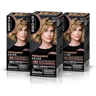 Syoss Trwałe zabarwienie 7-1 Blond Średni Naturalny Blond, Keratyna Farba Do Włosów, Pełne pokrycie siwych włosów i do 100 dni profesjonalnego koloru, Pack 3. Syoss Trwałe zabarwienie 7-1 Blond Średni Naturalny Blond, Keratyna Farba Do Włosów, Pełne pokrycie siwych włosów i do 100 dni profesjonalnego koloru, Pack 3.