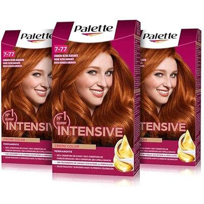 Schwarzkopf Palette Intensive Creme Color 7-77 Ultra promienna farba do włosów z olejkiem makadamia i migdałami, pokrywa 100% siwych włosów i korzeni, dla promiennego koloru, opakowanie 3 Schwarzkopf Palette Intensive Creme Color 7-77 Ultra promienna farba do włosów z olejkiem makadamia i migdałami, pokrywa 100% siwych włosów i korzeni, dla promiennego koloru, opakowanie 3