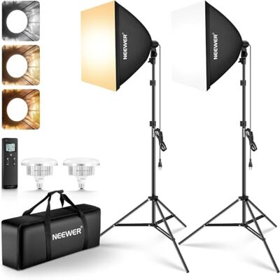 NEEWER 24" x 24" Softbox zestaw oświetleniowy ze stojakiem na statyw, 2 sztuki, 45 W, dwukolorowe żarówki LED 2,4 G, 10 kanałów, 2900 K-7000 K, 1400 lux/m, CRI95, pilot zdalnego sterowania 20 m NEEWER 24" x 24" Softbox zestaw oświetleniowy ze stojakiem na statyw, 2 sztuki, 45 W, dwukolorowe żarówki LED 2,4 G, 10 kanałów, 2900 K-7000 K, 1400 lux/m, CRI95, pilot zdalnego sterowania 20 m