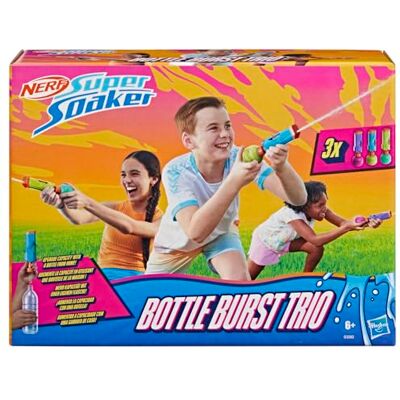 Super Nerf Bottle Burst Trio, 3 zabawki wodne z funkcją ""pump action"", wyjmowane butelki o pojemności 120 ml, zabawki dla dzieci do zabawy poza domem, wiek: od 6 lat Super Nerf Bottle Burst Trio, 3 zabawki wodne z funkcją ""pump action"", wyjmowane butelki o pojemności 120 ml, zabawki dla dzieci do zabawy poza domem, wiek: od 6 lat