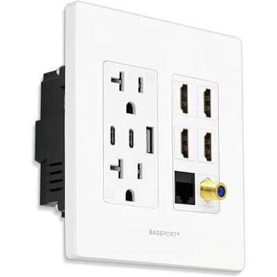 BASEPORT Gniazdko ścienne Premium Media Podwójne porty USB-A 2.0 6,3 A 1 port USB-C 3.0-4 HDMI Cat6 Ethernet Podwójne gniazdo zasilania 20 A kabel koncentryczny biała płyta czołowa BASEPORT Gniazdko ścienne Premium Media Podwójne porty USB-A 2.0 6,3 A 1 port USB-C 3.0-4 HDMI Cat6 Ethernet Podwójne gniazdo zasilania 20 A kabel koncentryczny biała płyta czołowa