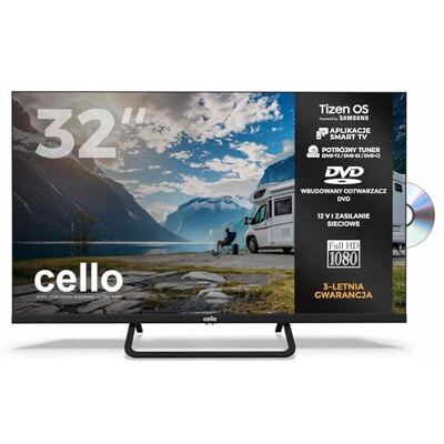 Cello Ctrav-32TZF 32" Smart TV LED z systemem Tizen OS, telewizor podróżny 12V z wbudowanym DVD, 3-letnia gwarancja, głośniki Pitch Perfect, Prime Video, Bluetooth, idealny do kamperów Cello Ctrav-32TZF 32" Smart TV LED z systemem Tizen OS, telewizor podróżny 12V z wbudowanym DVD, 3-letnia gwarancja, głośniki Pitch Perfect, Prime Video, Bluetooth, idealny do kamperów