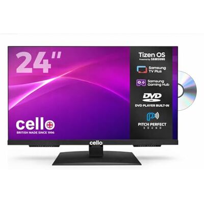 Cello C2426TZF 24" Smart LED TV/DVD z systemem Tizen OS od Samsung, Gaming Hub, głośniki Pitch Perfect, Bluetooth, idealny do kuchni i sypialni, potrójny tuner Cello C2426TZF 24" Smart LED TV/DVD z systemem Tizen OS od Samsung, Gaming Hub, głośniki Pitch Perfect, Bluetooth, idealny do kuchni i sypialni, potrójny tuner