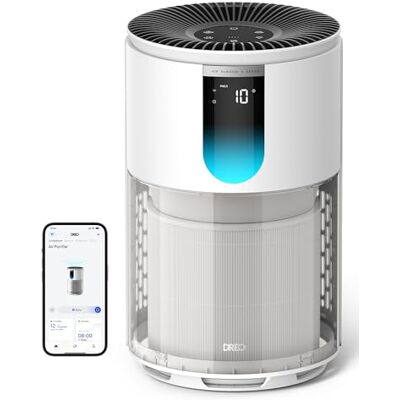 DREO Oczyszczacz powietrza do sypialni do 109 m², zapobiega powstawaniu zapachów, pyłków i dymu, z certyfikatem AHAM, filtr HEPA 3 w 1, czujnik PM2,5, monitor jakości powietrza, 18 dB, Wi-Fi, Alexa DREO Oczyszczacz powietrza do sypialni do 109 m², zapobiega powstawaniu zapachów, pyłków i dymu, z certyfikatem AHAM, filtr HEPA 3 w 1, czujnik PM2,5, monitor jakości powietrza, 18 dB, Wi-Fi, Alexa