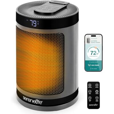 SereneLife Przenośny Grzejnik Elektryczny – 1500W Ogrzewanie PTC Ceramiczne do Użytku Wewnętrznego z Termostatem, Zdalnym Sterowaniem, Timerem 12-godzinnym, Wi-Fi dla Domu i Biura SereneLife Przenośny Grzejnik Elektryczny – 1500W Ogrzewanie PTC Ceramiczne do Użytku Wewnętrznego z Termostatem, Zdalnym Sterowaniem, Timerem 12-godzinnym, Wi-Fi dla Domu i Biura