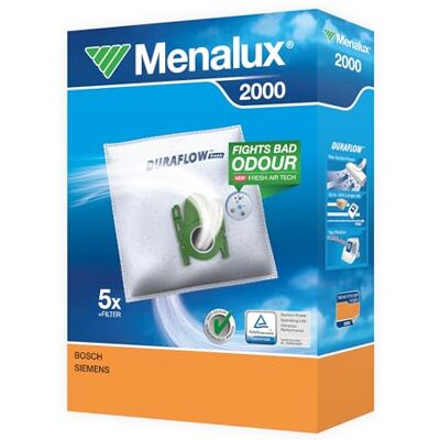 Menalux 2000 Zestaw 5 Worków do Odkurzacza Cylindrycznego + 1 mikrofiltr, Wysokowydajny materiał syntetyczny DuraFlow, 50% dłuższa żywotność i lepsza filtracja, Pasuje do Bosch, Siemens, Privileg Menalux 2000 Zestaw 5 Worków do Odkurzacza Cylindrycznego + 1 mikrofiltr, Wysokowydajny materiał syntetyczny DuraFlow, 50% dłuższa żywotność i lepsza filtracja, Pasuje do Bosch, Siemens, Privileg