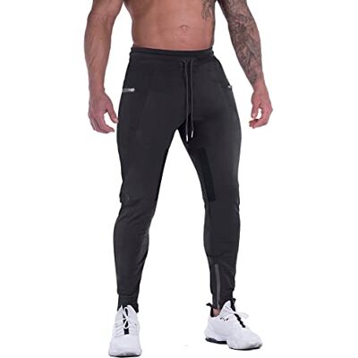 FIRSTGYM Męskie joggery spodnie dresowe slim fit trening workout siłownia joggery z siateczką spodnie z kieszeniami na zamek błyskawiczny, Czarny, M FIRSTGYM Męskie joggery spodnie dresowe slim fit trening workout siłownia joggery z siateczką spodnie z kieszeniami na zamek błyskawiczny, Czarny, M