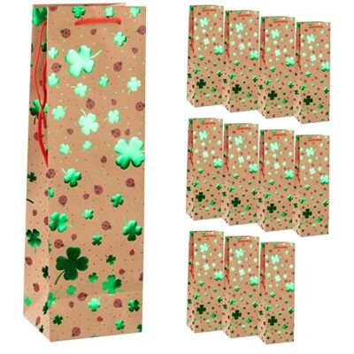 Idena 90534 Torby na butelki z motywem koniczyny, 12 sztuk, torby na prezenty o wymiarach 12 x 10 x 35 cm, papierowe torby z efektem zielonego połysku Idena 90534 Torby na butelki z motywem koniczyny, 12 sztuk, torby na prezenty o wymiarach 12 x 10 x 35 cm, papierowe torby z efektem zielonego połysku