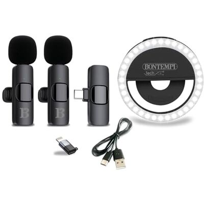 Bontempi Pierścień świetlny z 2 bezprzewodowymi mikrofonami lavalier do smartfonów, tabletów i komputerów, redukcja szumów, 3 poziomy intensywności światła Bontempi Pierścień świetlny z 2 bezprzewodowymi mikrofonami lavalier do smartfonów, tabletów i komputerów, redukcja szumów, 3 poziomy intensywności światła