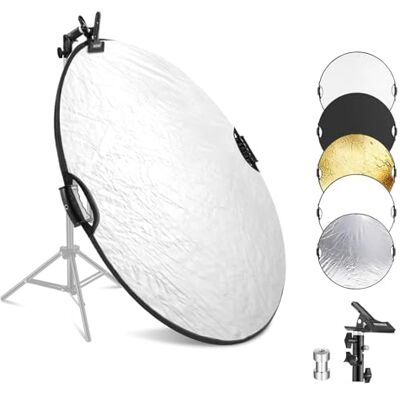 NEEWER Reflektor światła 110 cm z zaciskiem i uchwytami ręcznymi, składany reflektor fotograficzny 5 w 1, przezroczysty, srebrny, złoty, biały, czarny, z gwintem 3/20.3 cm do oświetlenia zewnętrznego NEEWER Reflektor światła 110 cm z zaciskiem i uchwytami ręcznymi, składany reflektor fotograficzny 5 w 1, przezroczysty, srebrny, złoty, biały, czarny, z gwintem 3/20.3 cm do oświetlenia zewnętrznego