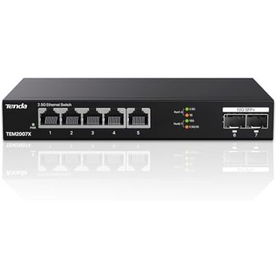 Tenda Przełącznik 2,5 Gb z 5 portami 2,5 G i 2 portami SFP+ 10G, niezarządzany przełącznik Ethernet LAN 2.5 Gigabit (Plug-and-Play, metalowa obudowa, czarna) (TEM2007X) Tenda Przełącznik 2,5 Gb z 5 portami 2,5 G i 2 portami SFP+ 10G, niezarządzany przełącznik Ethernet LAN 2.5 Gigabit (Plug-and-Play, metalowa obudowa, czarna) (TEM2007X)