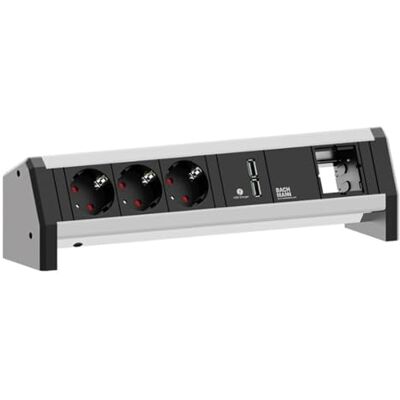 Bachmann 902.0253 "DESK" zestaw pól przyłączeniowych stołowych, 3 x styk ochronny, 1 x ładowarka USB, 1 x ABD GST18 aluminium/czarne Bachmann 902.0253 "DESK" zestaw pól przyłączeniowych stołowych, 3 x styk ochronny, 1 x ładowarka USB, 1 x ABD GST18 aluminium/czarne