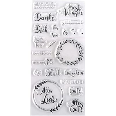 Rayher 50241000 Clear Stamps wiele życzeń, 22 motywy, przezroczysty, przezroczysty, pieczątka z życzeniami, pieczątka silikonowa pieczątka urodzinowa, opakowanie 1 arkusz, 97 x 205 mm, 22 motywy Rayher 50241000 Clear Stamps wiele życzeń, 22 motywy, przezroczysty, przezroczysty, pieczątka z życzeniami, pieczątka silikonowa pieczątka urodzinowa, opakowanie 1 arkusz, 97 x 205 mm, 22 motywy