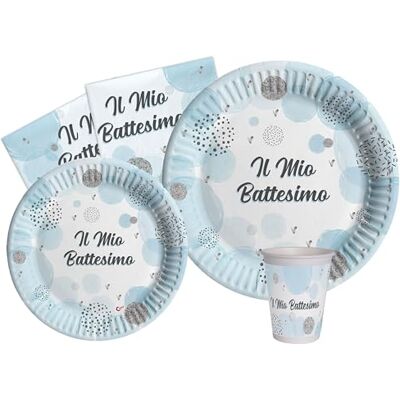Ciao Tableware Party Pack Battesimo for 8 people (44 pcs: 8 plates Ø23cm, 8 plates Ø18cm, 8 cups 250ml, 20 napkins 33x33cm) in eco-friendly compostable paper, baby blue Ciao Tableware Party Pack Battesimo for 8 people (44 pcs: 8 plates Ø23cm, 8 plates Ø18cm, 8 cups 250ml, 20 napkins 33x33cm) in eco-friendly compostable paper, baby blue