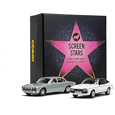 Corgi CC91992 Screen Stars, Ford Capri Mk2 2.0S Diamond White, Jaguar Xj6 Series 2 Silver Die-Cast Model Corgi CC91992 Screen Stars, Ford Capri Mk2 2.0S Diamond White, Jaguar Xj6 Series 2 Silver Die-Cast Model