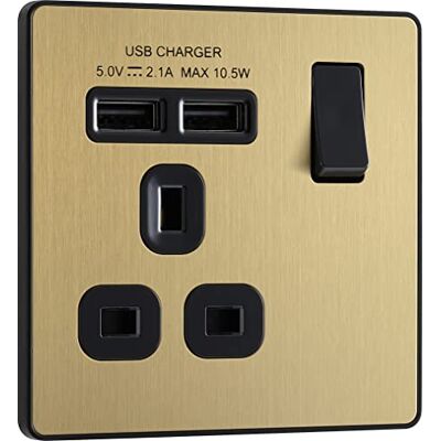 BG Electrical BG Evolve Gniazdo zasilania 13 A ze szczotkowanego mosiądzu (czarny Ins) + 2 USB (2,1 A) BG Electrical BG Evolve Gniazdo zasilania 13 A ze szczotkowanego mosiądzu (czarny Ins) + 2 USB (2,1 A)