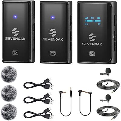 SevenOak Bezprzewodowy system mikrofonu Lavalier, z OLED, 2,4 GHz, podwójny mikrofon z stereo/mono do aparatu, telefonu, iPhone'a, komputera, nagrywania wideo, wywiadów, Vlog Live Stream SKM-W4 K2 (2 SevenOak Bezprzewodowy system mikrofonu Lavalier, z OLED, 2,4 GHz, podwójny mikrofon z stereo/mono do aparatu, telefonu, iPhone'a, komputera, nagrywania wideo, wywiadów, Vlog Live Stream SKM-W4 K2 (2