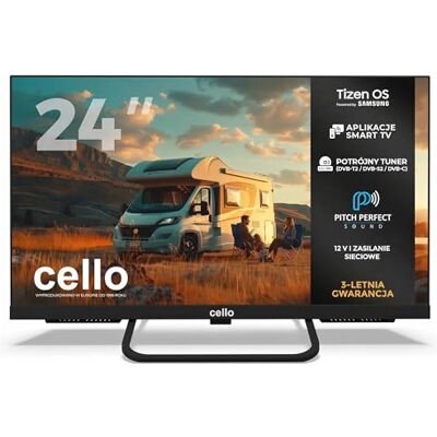 Cello Ctrav-24TZ 24" Smart TV LED 12V dla podróżnych z systemem Tizen OS, wbudowany tuner satelitarny, gry w chmurze, głośniki Pitch Perfect, Bluetooth, idealny do kamperów, ciężarówek (HGV) i łodzi Cello Ctrav-24TZ 24" Smart TV LED 12V dla podróżnych z systemem Tizen OS, wbudowany tuner satelitarny, gry w chmurze, głośniki Pitch Perfect, Bluetooth, idealny do kamperów, ciężarówek (HGV) i łodzi