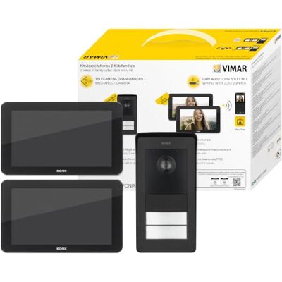 VIMAR K42966 Zestaw wideodomofonowy 2 x wideodomofonowy zestaw głośnomówiący Wi-Fi kolorowy LCD 7" 1 x tablica audiowizualna 2 przyciski 2 zasilacze 24 Vdc 1A wymienne wtyczki EU/UK/US/AU, wsporniki VIMAR K42966 Zestaw wideodomofonowy 2 x wideodomofonowy zestaw głośnomówiący Wi-Fi kolorowy LCD 7" 1 x tablica audiowizualna 2 przyciski 2 zasilacze 24 Vdc 1A wymienne wtyczki EU/UK/US/AU, wsporniki