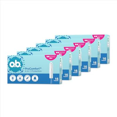 o.b. ProComfort Mini Tampony Zestaw 6x16 szt. NOWOŚĆ, Łatwa aplikacja i usuwanie tamponu, Na słabe i intensywne krwawienie, Wnętrze tamponu wykonane w 100% z materiałów pochodzenia roślinnego o.b. ProComfort Mini Tampony Zestaw 6x16 szt. NOWOŚĆ, Łatwa aplikacja i usuwanie tamponu, Na słabe i intensywne krwawienie, Wnętrze tamponu wykonane w 100% z materiałów pochodzenia roślinnego