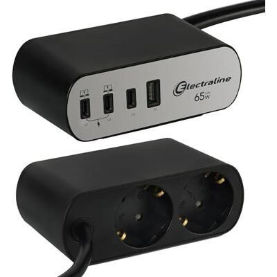 Electraline 62584 listwa zasilająca do biurka Electradock 2-drożna listwa zasilająca z zestykiem ochronnym + 4 USB (1 USB A + 3 USB C PD65W) kabel 2 m, listwa zasilająca Electraline 62584 listwa zasilająca do biurka Electradock 2-drożna listwa zasilająca z zestykiem ochronnym + 4 USB (1 USB A + 3 USB C PD65W) kabel 2 m, listwa zasilająca