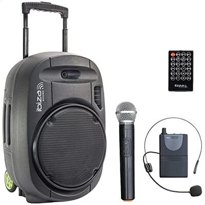 Ibiza PORT12VHF-MKII Przenośny głośnik 12"/700W MAX z 2 mikrofonami (VHF), pilotem i etui na akcesoria Bluetooth, USB, SD autonomia od 5 do 7h Ibiza PORT12VHF-MKII Przenośny głośnik 12"/700W MAX z 2 mikrofonami (VHF), pilotem i etui na akcesoria Bluetooth, USB, SD autonomia od 5 do 7h