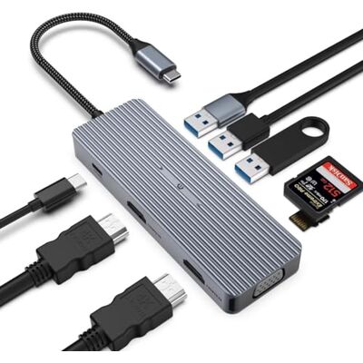 Tymyp USB-C Hub stacja dokująca Triple Display 4K HDMI do Chromebooka, 9 w 1 USB C Hub (2 HDMI, VGA, USB 3.0, USB 2.0 * 2, PD100W, SD/TF) kompatybilna z Thunderbolt 3/Windows Tymyp USB-C Hub stacja dokująca Triple Display 4K HDMI do Chromebooka, 9 w 1 USB C Hub (2 HDMI, VGA, USB 3.0, USB 2.0 * 2, PD100W, SD/TF) kompatybilna z Thunderbolt 3/Windows