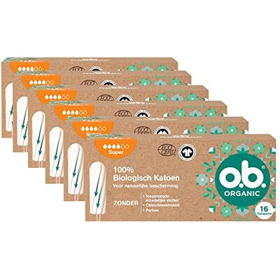 o.b. Organic Super Biotampony na cięższe dni miesiączki z 100% biobawełny z zakrzywionymi rowkami zapewniającymi niezawodną i naturalną ochronę, 6 x 16 sztuk o.b. Organic Super Biotampony na cięższe dni miesiączki z 100% biobawełny z zakrzywionymi rowkami zapewniającymi niezawodną i naturalną ochronę, 6 x 16 sztuk