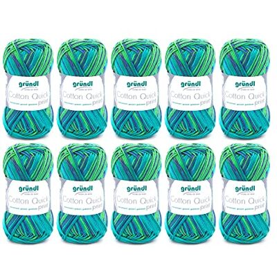 Gründl Cotton Quick Print włóczka do robienia na drutach/szydełkowania (kolorowa przędza ze 100% bawełny, certyfikat Öko-Tex, 50 g/125 m, grubość drutów: 3 – 4, 10 x 50 g), zielona wielokolorowa Gründl Cotton Quick Print włóczka do robienia na drutach/szydełkowania (kolorowa przędza ze 100% bawełny, certyfikat Öko-Tex, 50 g/125 m, grubość drutów: 3 – 4, 10 x 50 g), zielona wielokolorowa