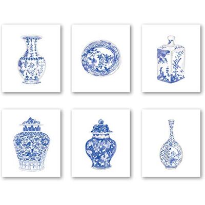 XUOIAYNB Chinoiserie sztuka ścienna nadruk dekoracja sypialni lub gabinetu chiński niebieski biały porcelanowy wazon wydruk na płótnie (zestaw 6 szt.) nieoprawiony -20 x 25 cm XUOIAYNB Chinoiserie sztuka ścienna nadruk dekoracja sypialni lub gabinetu chiński niebieski biały porcelanowy wazon wydruk na płótnie (zestaw 6 szt.) nieoprawiony -20 x 25 cm