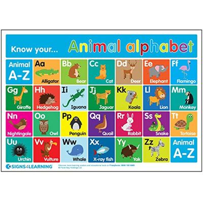 Signs 4 Learning know Znaki 4 'Learning know Your Animal' alfabet A-Z A3 plakat, wytrzymały, 297 mm x 420 mm Signs 4 Learning know Znaki 4 'Learning know Your Animal' alfabet A-Z A3 plakat, wytrzymały, 297 mm x 420 mm