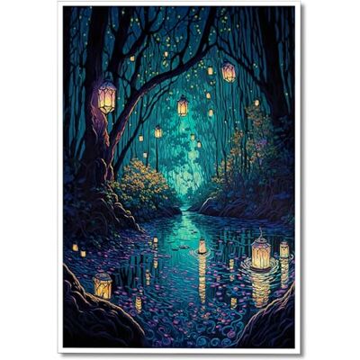 Yuaruo Fantasy Spiritual Forest płótno ścienne na płótnie, magiczne fajne lampiony na drzewach, niebieski plakat do estetyki pokoju, bajkowa kraina czarów, ciemna noc, świetliki, rzeka, obraz, wydruk, Yuaruo Fantasy Spiritual Forest płótno ścienne na płótnie, magiczne fajne lampiony na drzewach, niebieski plakat do estetyki pokoju, bajkowa kraina czarów, ciemna noc, świetliki, rzeka, obraz, wydruk,