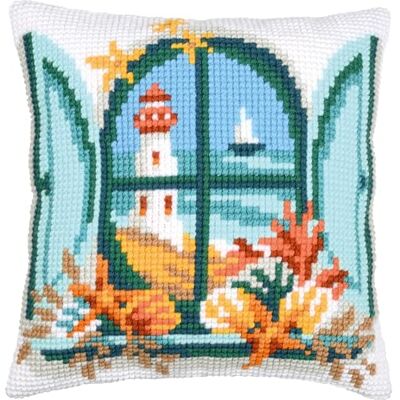 Vervaco Zestaw do Haftu Krzyżykowego Poduszka WIDOK NA MORZE Kanwa z Nadrukiem 40 x 40 cm Gruba Włóczka Akrylowa Zrób to Sam Dekoracja Domu DIY Cross Stitch Kit Vervaco Zestaw do Haftu Krzyżykowego Poduszka WIDOK NA MORZE Kanwa z Nadrukiem 40 x 40 cm Gruba Włóczka Akrylowa Zrób to Sam Dekoracja Domu DIY Cross Stitch Kit
