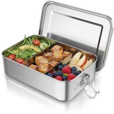 Arendo Pudełko na lunch ze stali nierdzewnej – pudełko śniadaniowe 1400 ml – z przegródkami – dwie wyjmowane ścianki działowe – szczelne dzięki silikonowej uszczelce – metal przeznaczony do kontaktu Arendo Pudełko na lunch ze stali nierdzewnej – pudełko śniadaniowe 1400 ml – z przegródkami – dwie wyjmowane ścianki działowe – szczelne dzięki silikonowej uszczelce – metal przeznaczony do kontaktu