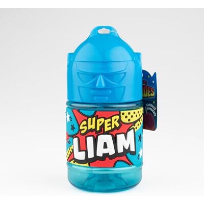 Spersonalizowana butelka dla dzieci, butelka na wodę ze słomką Super Liam, niebieska Spersonalizowana butelka dla dzieci, butelka na wodę ze słomką Super Liam, niebieska