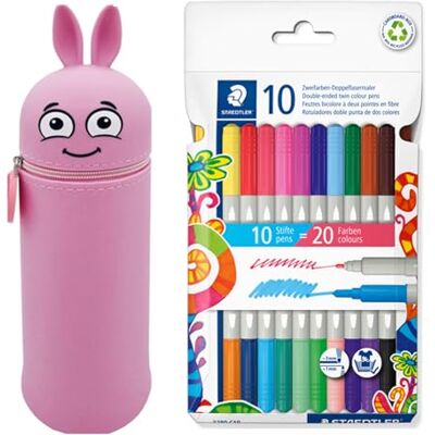 COLOP Piórnik MARKY z motywem emoji w kolorze różowym, wykonany z miękkiego i wytrzymałego silikonu, zawiera 10 dwukolorowych flamastrów STAEDTLER, dwie końcówki w dwóch kolorach, szerokość linii 3mm i 1mm COLOP Piórnik MARKY z motywem emoji w kolorze różowym, wykonany z miękkiego i wytrzymałego silikonu, zawiera 10 dwukolorowych flamastrów STAEDTLER, dwie końcówki w dwóch kolorach, szerokość linii 3mm i 1mm