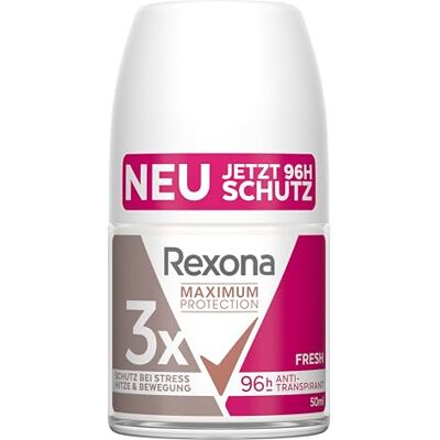 Rexona Maximum Protection Deo Roll-On Fresh antyperspirant z 3-krotną ochroną przed stresem, wysoką temperaturą i ruchem, ekstremalna ochrona 96 godzin, 50 ml Rexona Maximum Protection Deo Roll-On Fresh antyperspirant z 3-krotną ochroną przed stresem, wysoką temperaturą i ruchem, ekstremalna ochrona 96 godzin, 50 ml