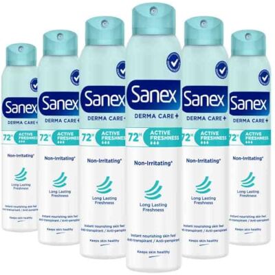 Sanex , Spray antyperspiracyjny Derma Care+, całkowita ochrona, 6 x 200 ml Spray antyperspiracyjny, formuła ochronna 5 w 1 przed zapachami, wilgocią, śladami i bakteriami 72h, miękka i bezalkoholowa* Sanex , Spray antyperspiracyjny Derma Care+, całkowita ochrona, 6 x 200 ml Spray antyperspiracyjny, formuła ochronna 5 w 1 przed zapachami, wilgocią, śladami i bakteriami 72h, miękka i bezalkoholowa*