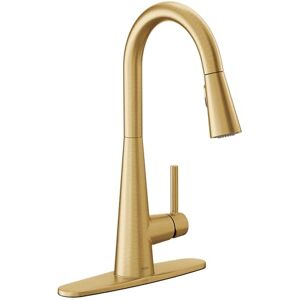 Moen 7864BG Elegancki jeden uchwyt wysoki łuk wysuwany nowoczesny kran kuchenny ze wzmocnieniem mocy, szczotkowane złoto Moen 7864BG Elegancki jeden uchwyt wysoki łuk wysuwany nowoczesny kran kuchenny ze wzmocnieniem mocy, szczotkowane złoto