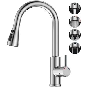 SREWOHS PRO Kran kuchenny, armatura kuchenna ze stali nierdzewnej, wysuwana słuchawka, 4 funkcje natrysku, wysoki odpływ (187 mm), obracany o 360°, bateria mieszająca niskociśnieniowa, 1 otwór, SREWOHS PRO Kran kuchenny, armatura kuchenna ze stali nierdzewnej, wysuwana słuchawka, 4 funkcje natrysku, wysoki odpływ (187 mm), obracany o 360°, bateria mieszająca niskociśnieniowa, 1 otwór,