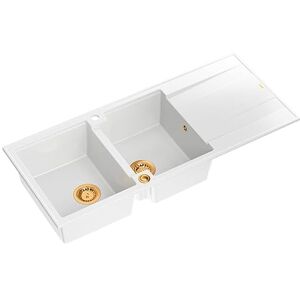 Quadron Zlewozmywak podwójny biały, EVAN 121 GraniteQ, zlewozmywak kuchenny, 2 granitowe pojemniki 1160 x 500 x 210 mm, otwarty zlew Push 2 z syfonem z ociekaczem, elementy miedziane PVD Quadron Zlewozmywak podwójny biały, EVAN 121 GraniteQ, zlewozmywak kuchenny, 2 granitowe pojemniki 1160 x 500 x 210 mm, otwarty zlew Push 2 z syfonem z ociekaczem, elementy miedziane PVD