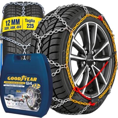 Goodyear Catene da Neve "G12", Catene Neve 12 mm per SUV, Furgoni, Camper e 4x4, Catene Auto Omologate TUV e GS Onorm, Taglia 225, per R14 R19 (Misure per Pneumatici Dettagliate all'Interno) Goodyear Catene da Neve "G12", Catene Neve 12 mm per SUV, Furgoni, Camper e 4x4, Catene Auto Omologate TUV e GS Onorm, Taglia 225, per R14 R19 (Misure per Pneumatici Dettagliate all'Interno)