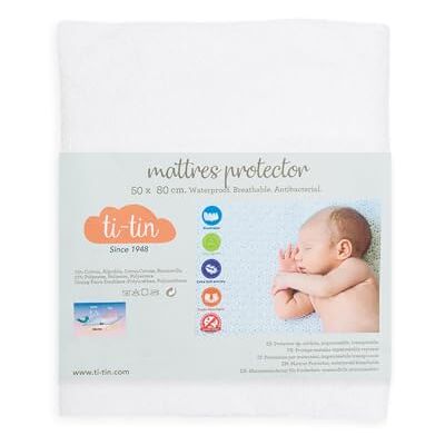 TI-TIN Ti TIN Ochraniacz na materac dla niemowląt, 50x80 cm Miękki, oddychający, wodoodporny i antybakteryjny ochraniacz na materac 100% bawełna Wyściółka PU Tkanina frotte Kolor biały TI-TIN Ti TIN Ochraniacz na materac dla niemowląt, 50x80 cm Miękki, oddychający, wodoodporny i antybakteryjny ochraniacz na materac 100% bawełna Wyściółka PU Tkanina frotte Kolor biały